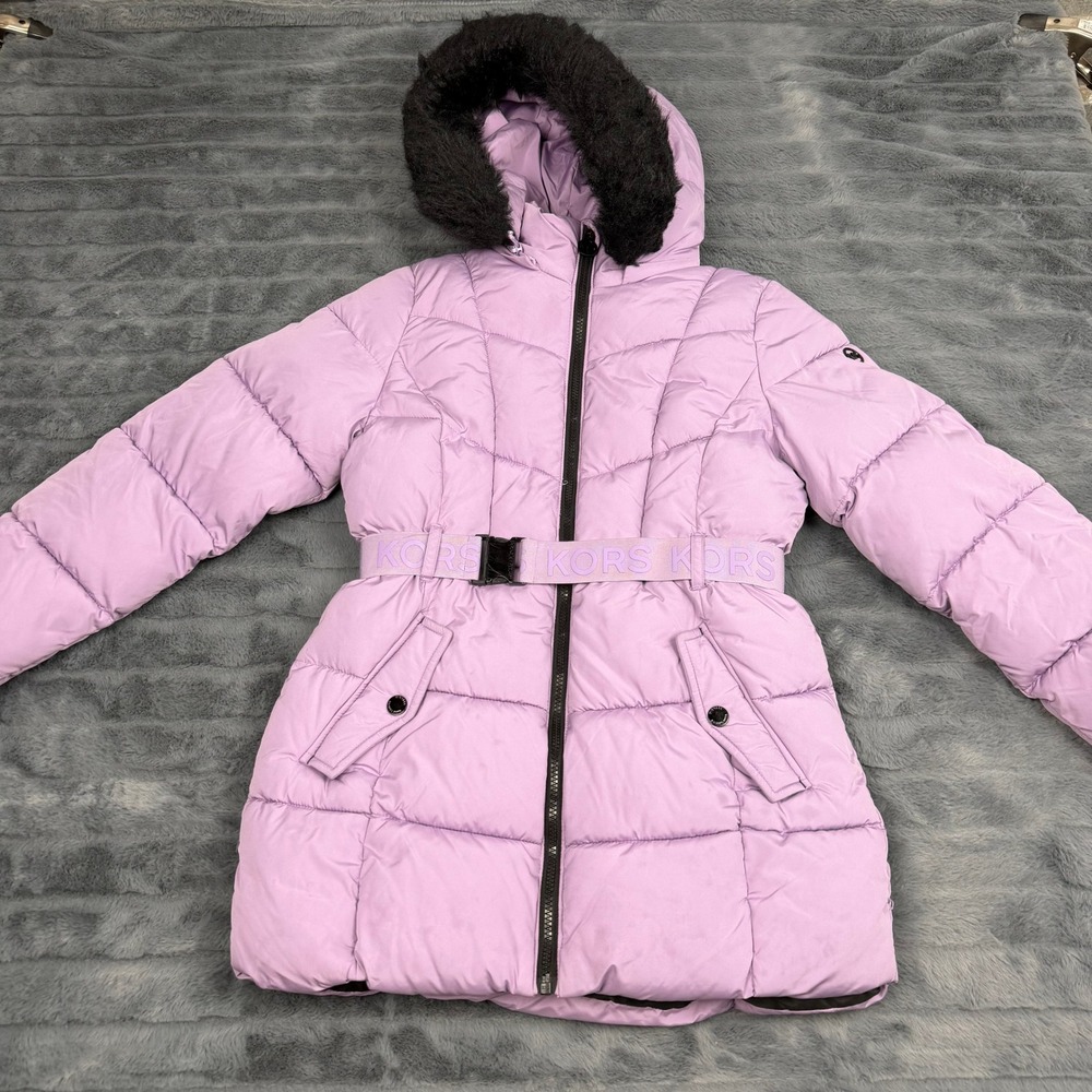 Michael Kors Girls Lavender Purple Faux Fur Hood Puffer Jacket Belted Size 14